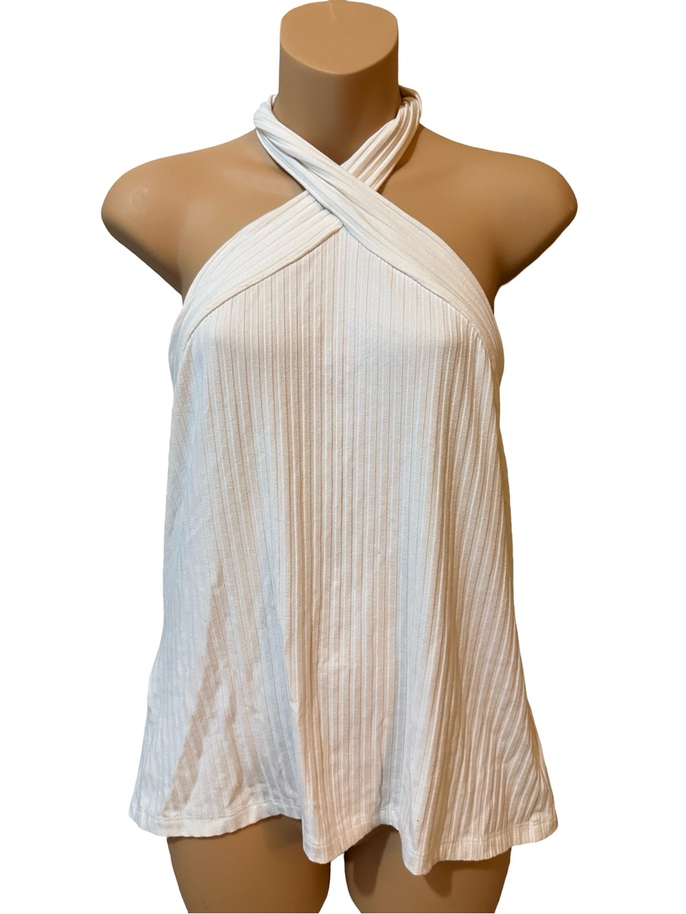 Anthropologie Ribbed Halter Top XL White Criss Cross Bohemian Summer Vacation